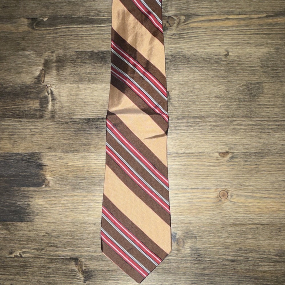 Vintage San Milo Silk Men's Tie: Striped Brown Beige Red Gray Classic Woven Logo
